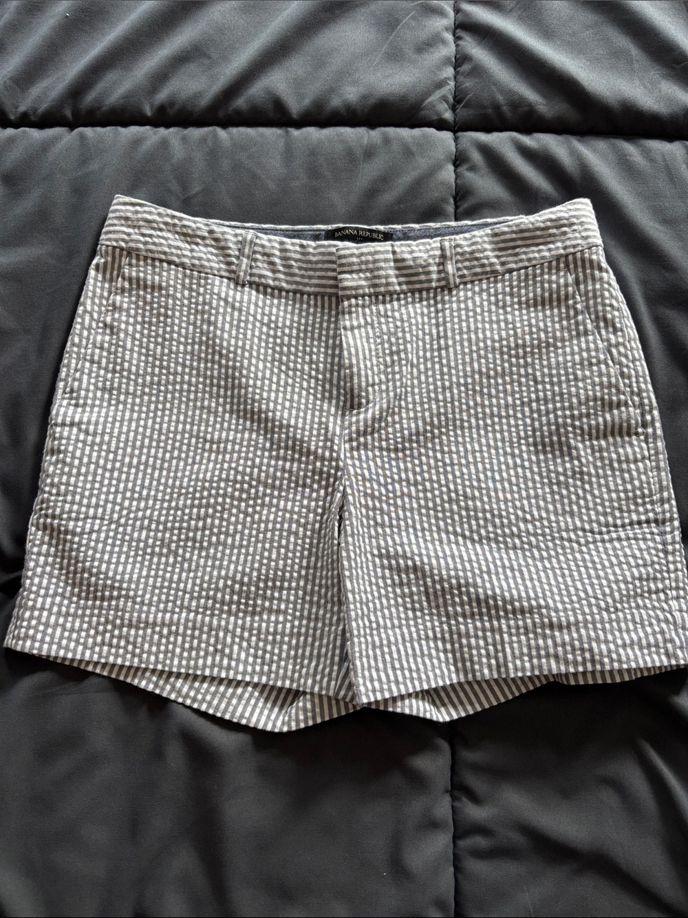 Banana Republic White and Gray/Blue Striped Seersucker Bermuda Shorts.